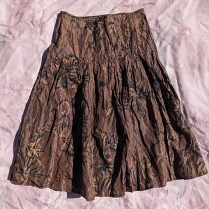 Brown Crinkled Floral Midi Skirt Medium Whimsigoth RoFa Moden Earthy Boho Y2K